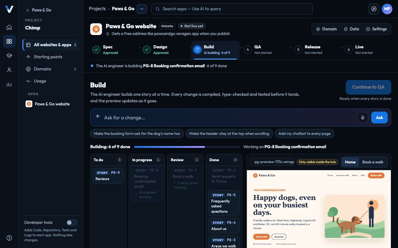 Chimp building the Paws & Go website: Spec and Design approved, the AI engineer on story 6 of 9, and a live preview of the website