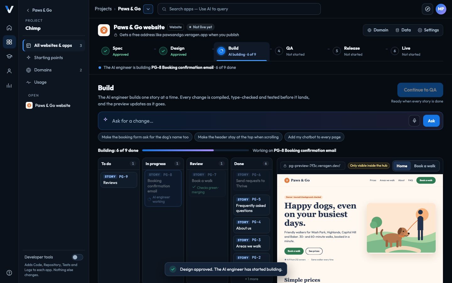 Chimp’s Build step: stories moving across the board while a private preview of the website updates beside them