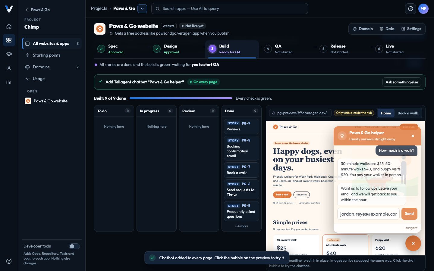 A Tellagent chatbot answering a question about prices on the Paws & Go website preview in Chimp