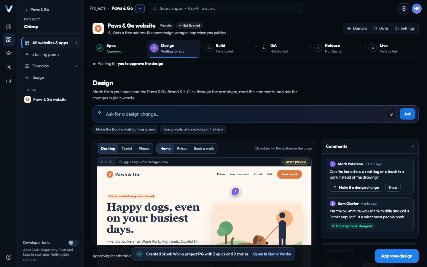 Chimp’s Design step: a clickable prototype of the Paws & Go website with comments from the team beside it