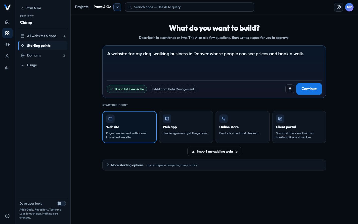 Chimp’s New website or app screen: a one-sentence description, the Brand Kit, and four starting points: Website, Web app, Online store and Client portal