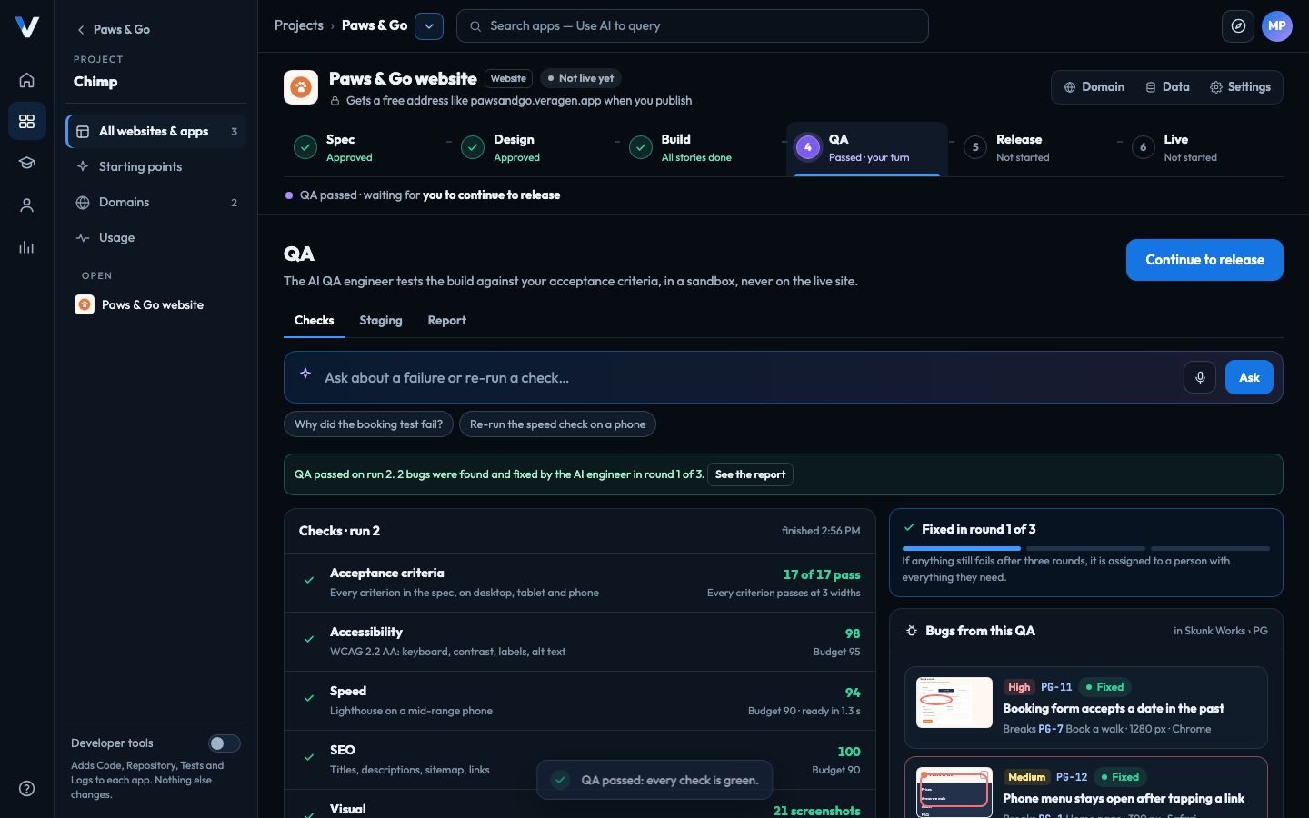 Chimp’s QA step: every acceptance criterion passing, with accessibility, speed and search scores, and the bugs found and fixed