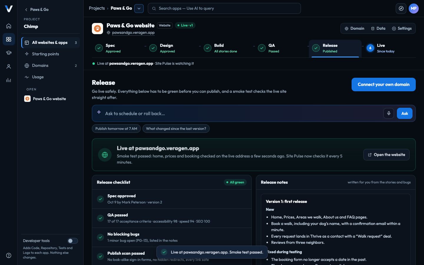 Chimp’s Release step: the website live at its address, the release checklist all green, and release notes written from the work