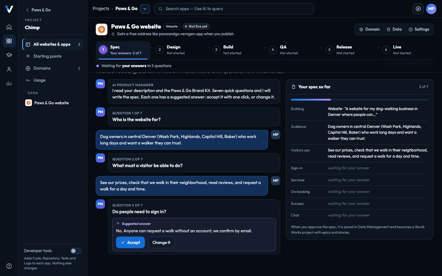 Chimp’s Spec step: the AI product manager asks who the website is for, with a suggested answer to accept, and the spec fills in on the right