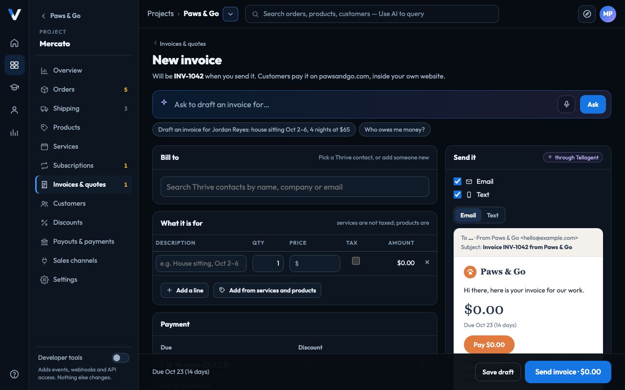 Mercato’s New invoice screen: an AI box to draft the invoice, the Thrive contact search, the lines, and a preview of the email and text