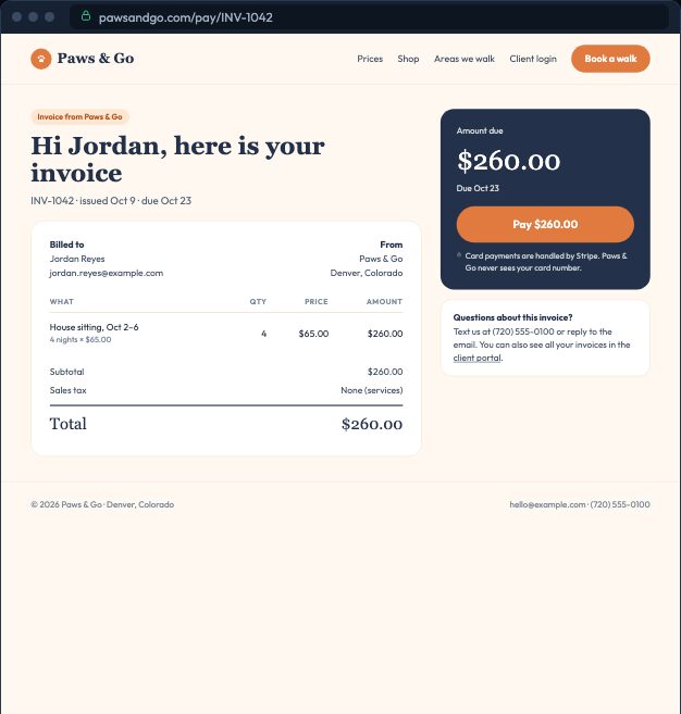 An invoice from Paws &amp; Go open on the business’s own website, with the amount due and a Pay button