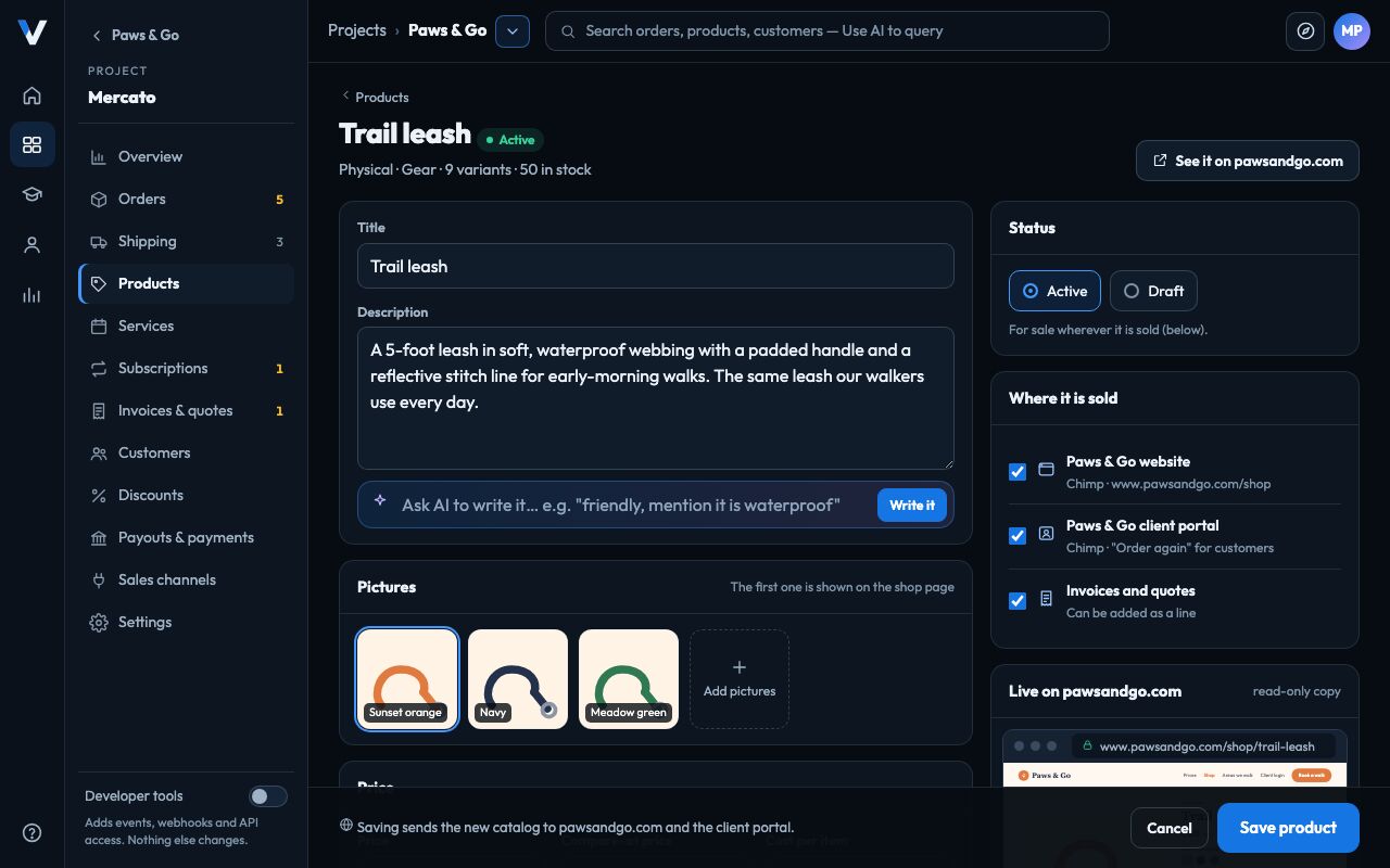 Mercato’s product editor for the Trail leash: description, an AI box to write it, pictures in three colors, and where it is sold