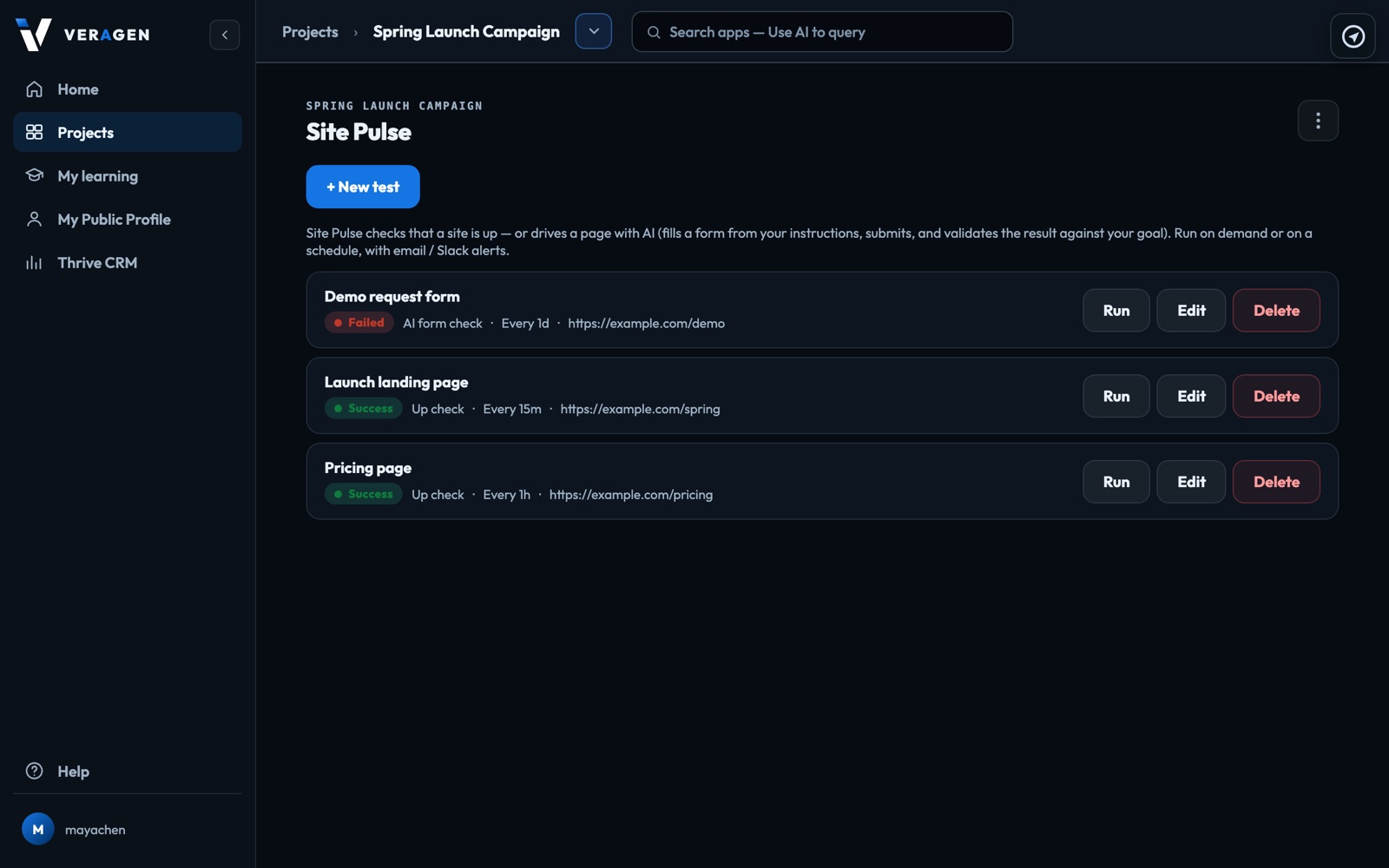 Site Pulse in VeraGen: a demo request form check that failed, and up checks on a landing page and a pricing page that passed