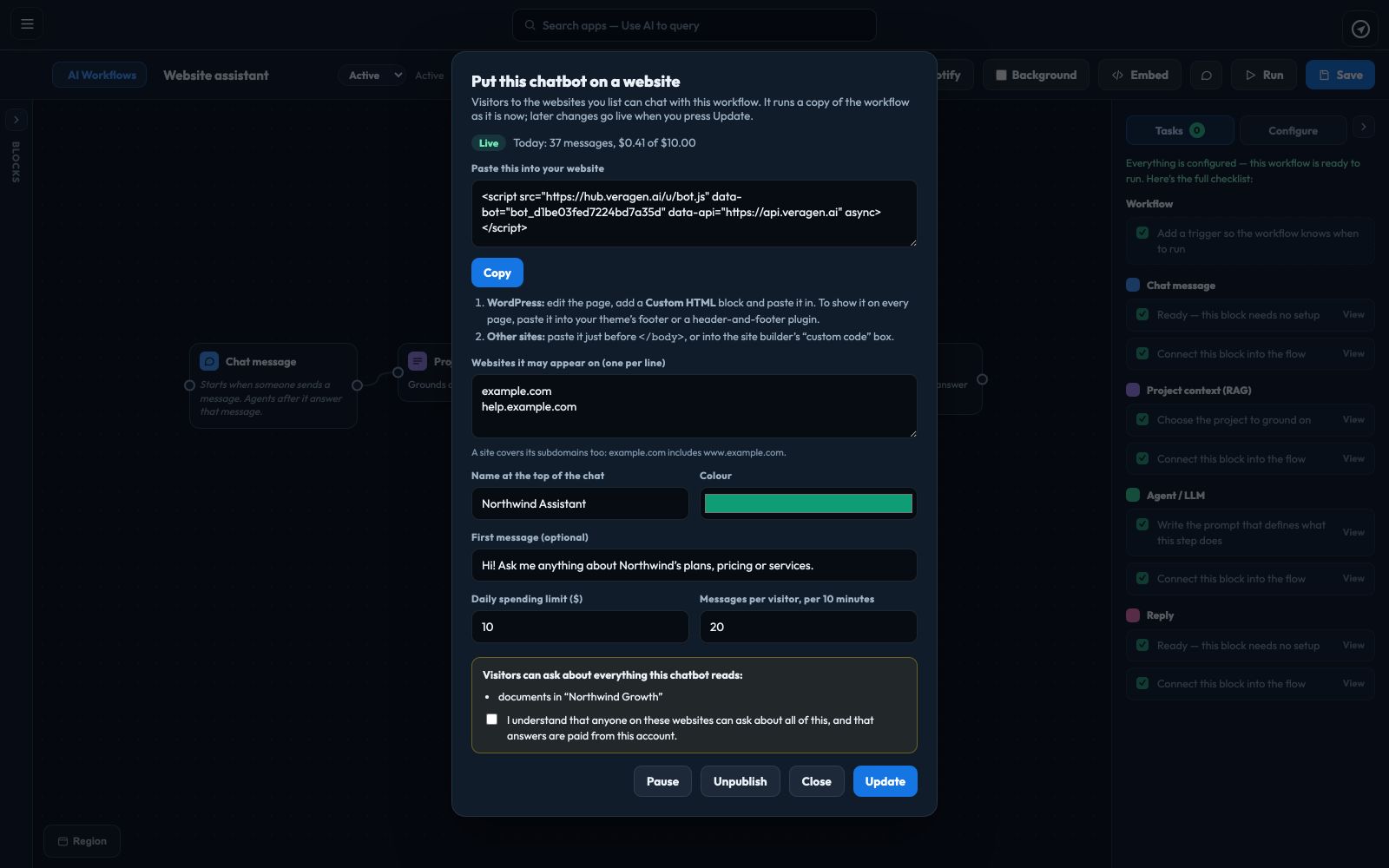 The Embed dialog for a live chatbot: the code to paste into a website, the two websites it may appear on, its name, colour and first message, a $10 daily spending limit and 20 messages per visitor every 10 minutes