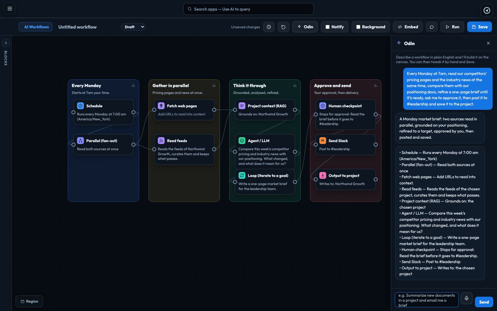 Odin building an AI workflow in Tellagent from one sentence, with the blocks it made on the canvas and its list of what it built