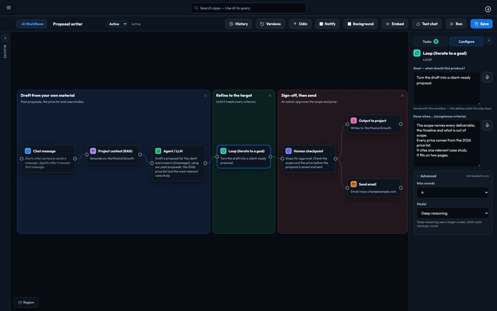 A proposal-writer workflow in Tellagent with the Loop block open: its goal, its Done when… criteria and its maximum number of rounds