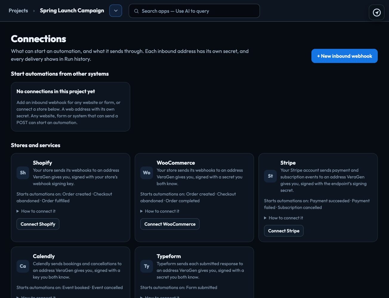 The Connections page: Shopify, WooCommerce, Stripe, Calendly and Typeform cards, and a button for a new inbound webhook