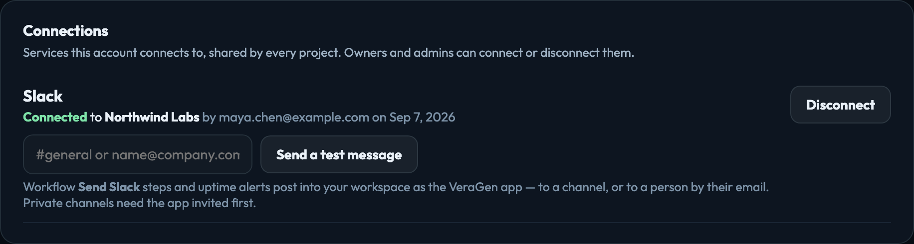 Account → Connections, with Slack connected
