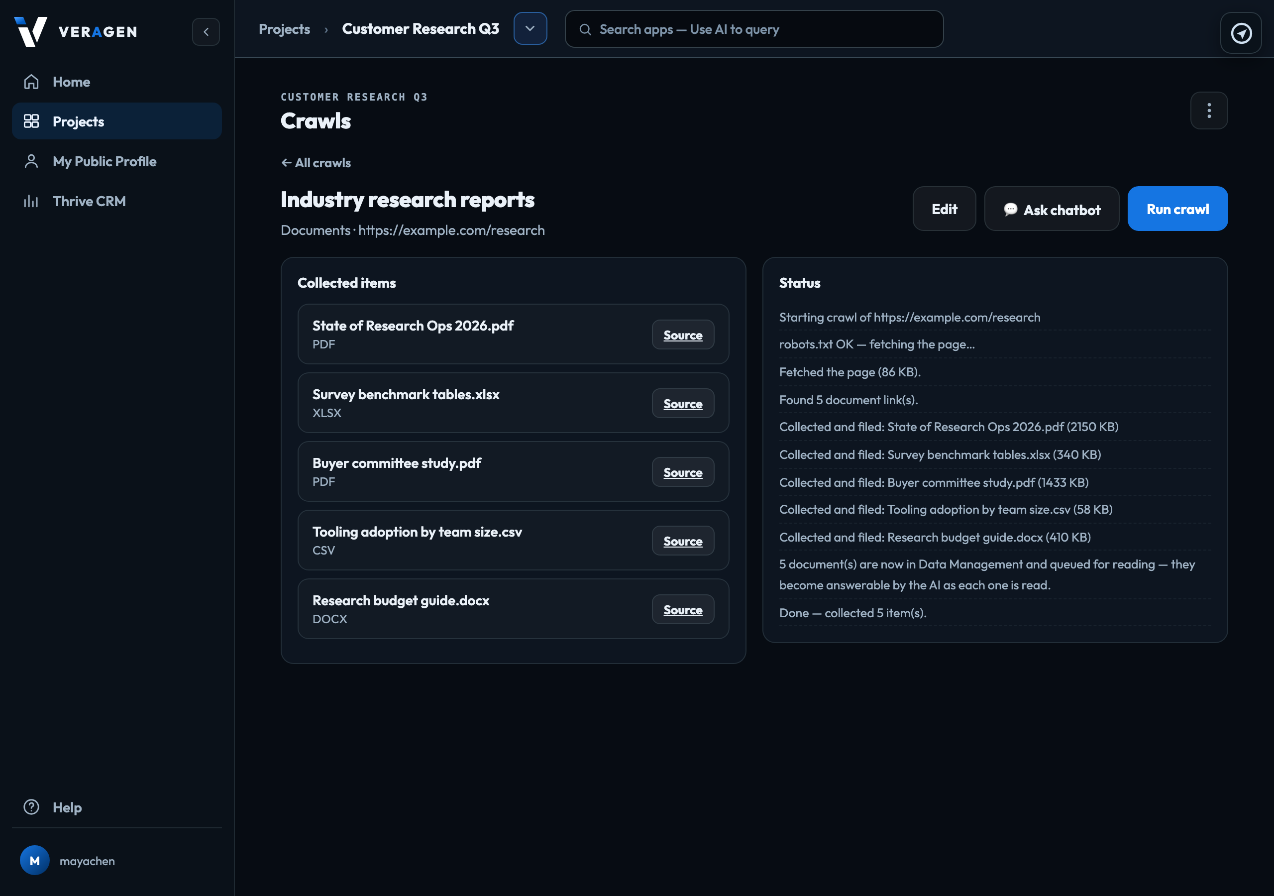 A finished document crawl: the reports it collected and its log