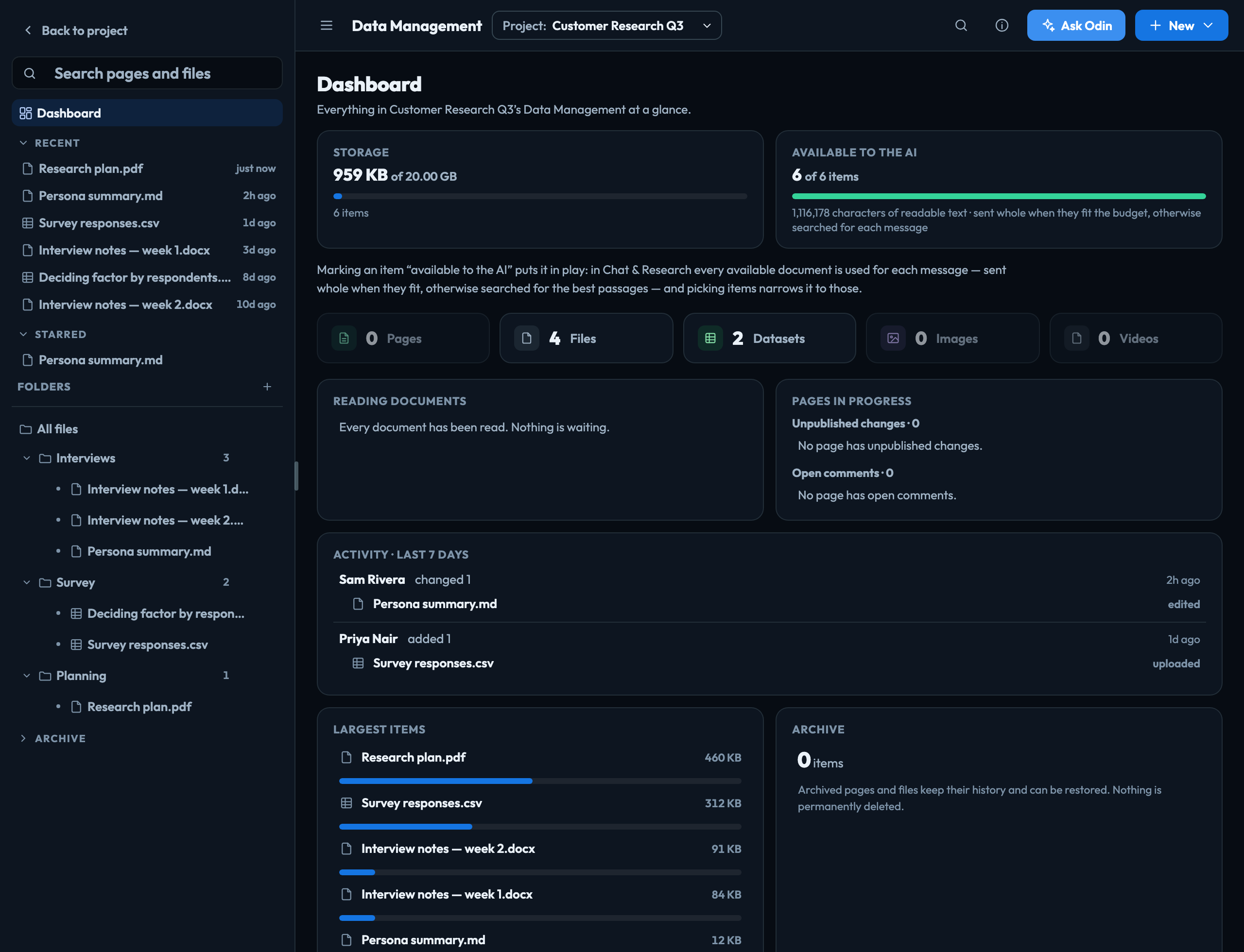 The Dashboard: storage, what the AI can use, items by type, pages in progress and this week's activity