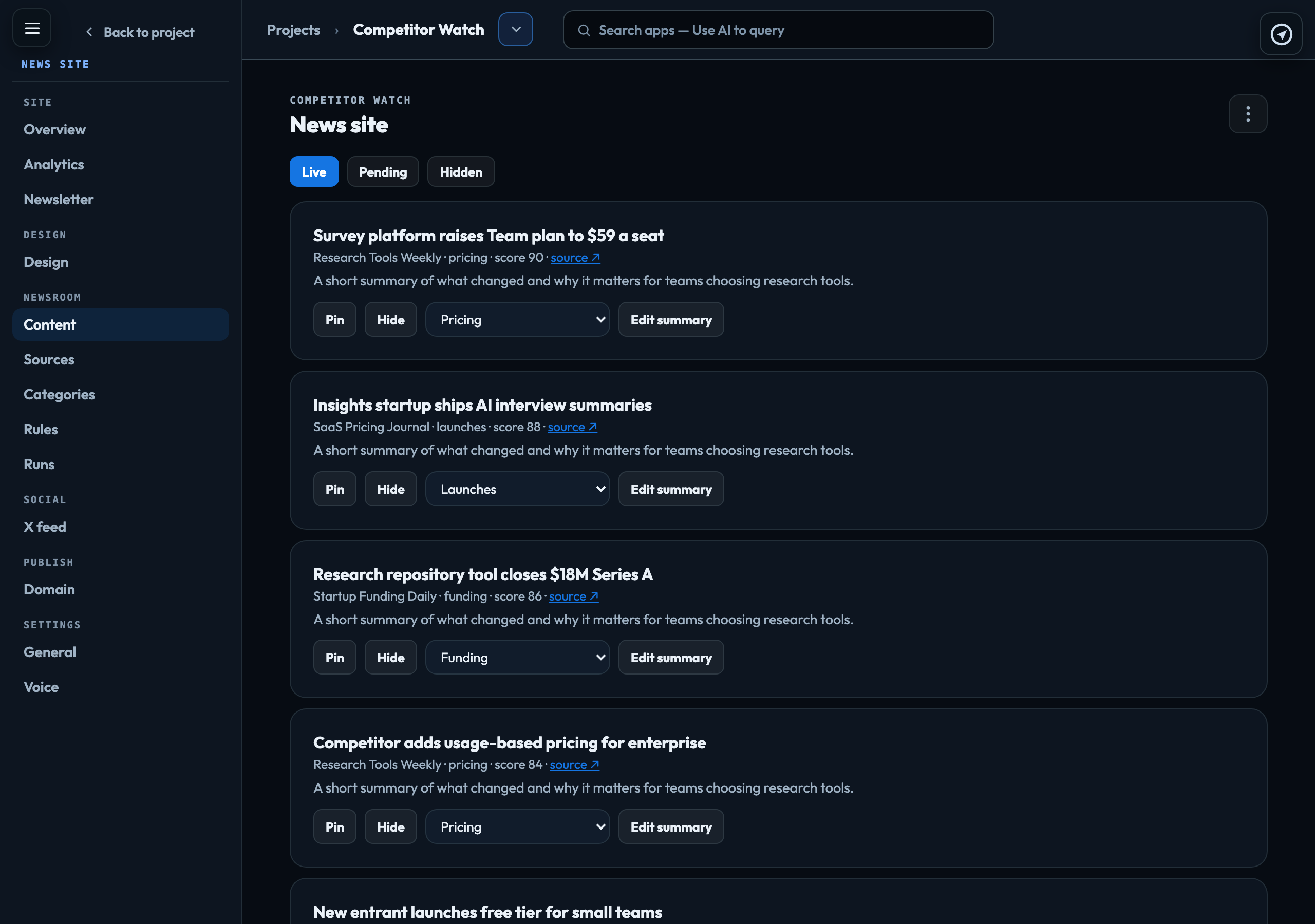 Content: the stories the site's sources brought in, each with its source, category and score