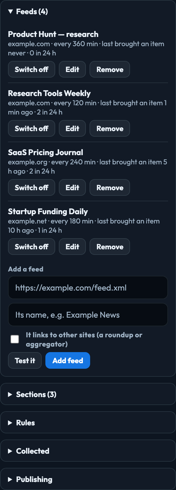 The Read feeds block's settings: the project's feeds, each with when it last brought an item in, then Sections, Rules, Collected and Publishing