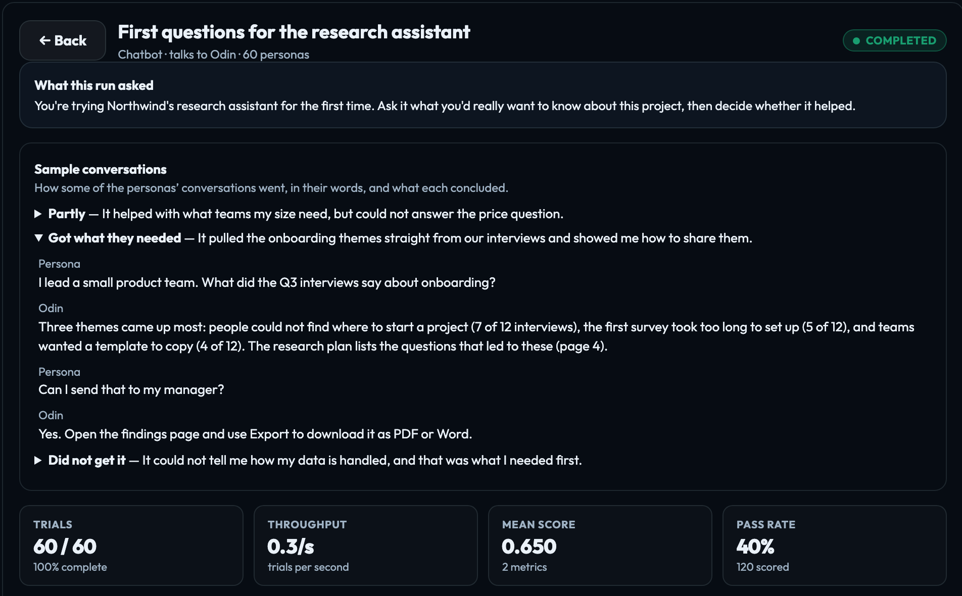 A finished chatbot run: what it asked, one persona's conversation with Odin and its verdict, and the run's totals