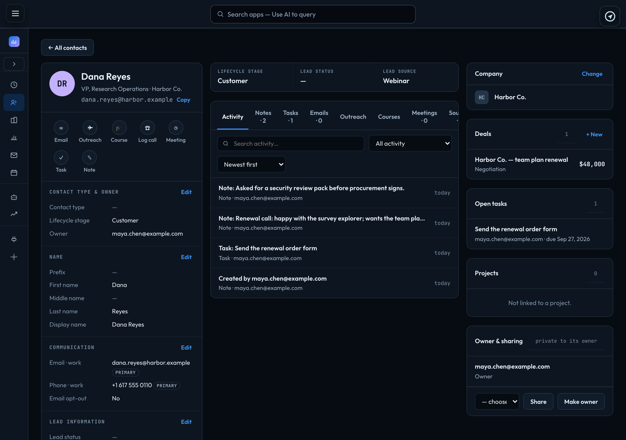 A contact record: details on the left, activity in the middle, and the company, deals, tasks and sharing on the right