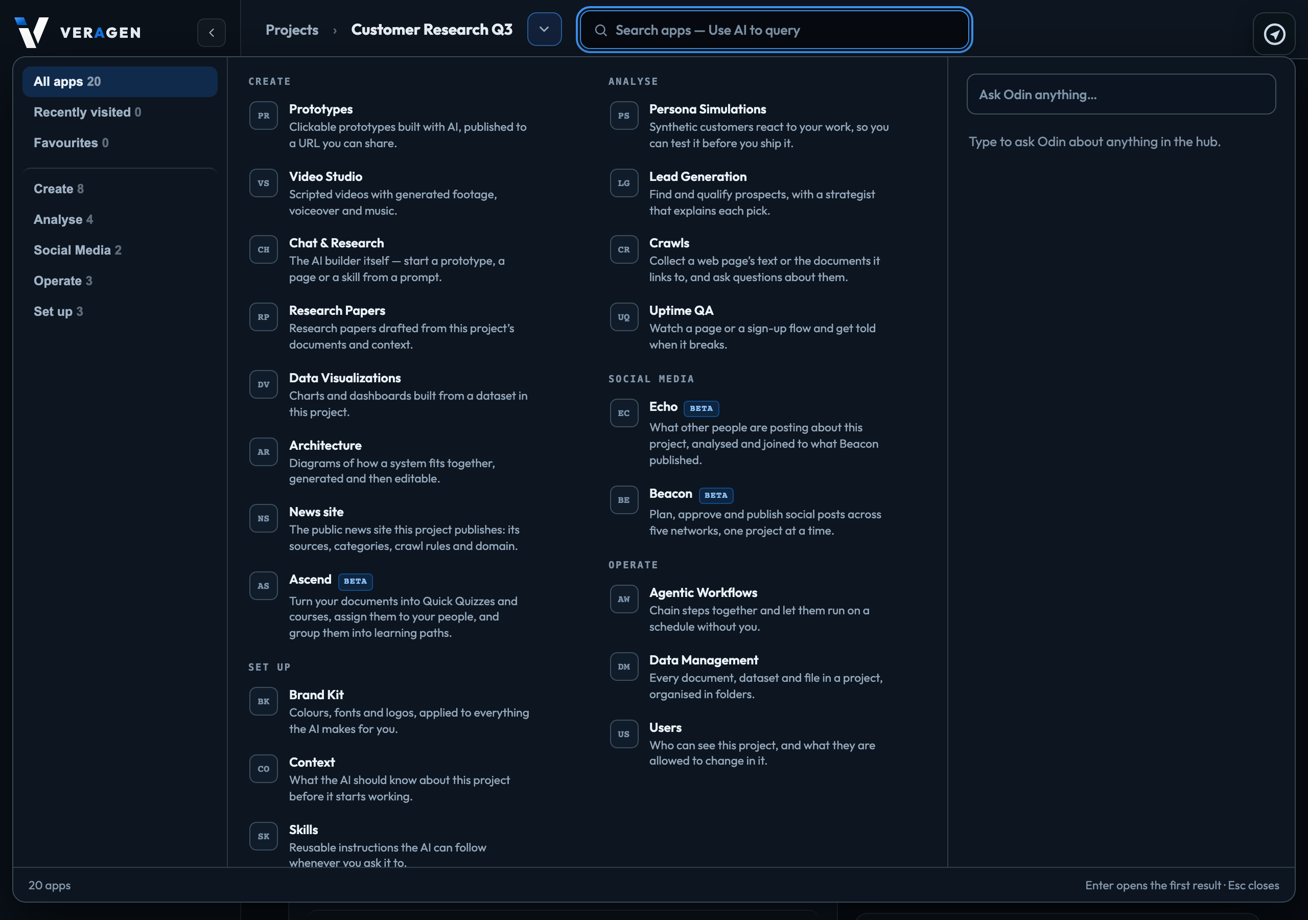 The search box, open, listing every app by section