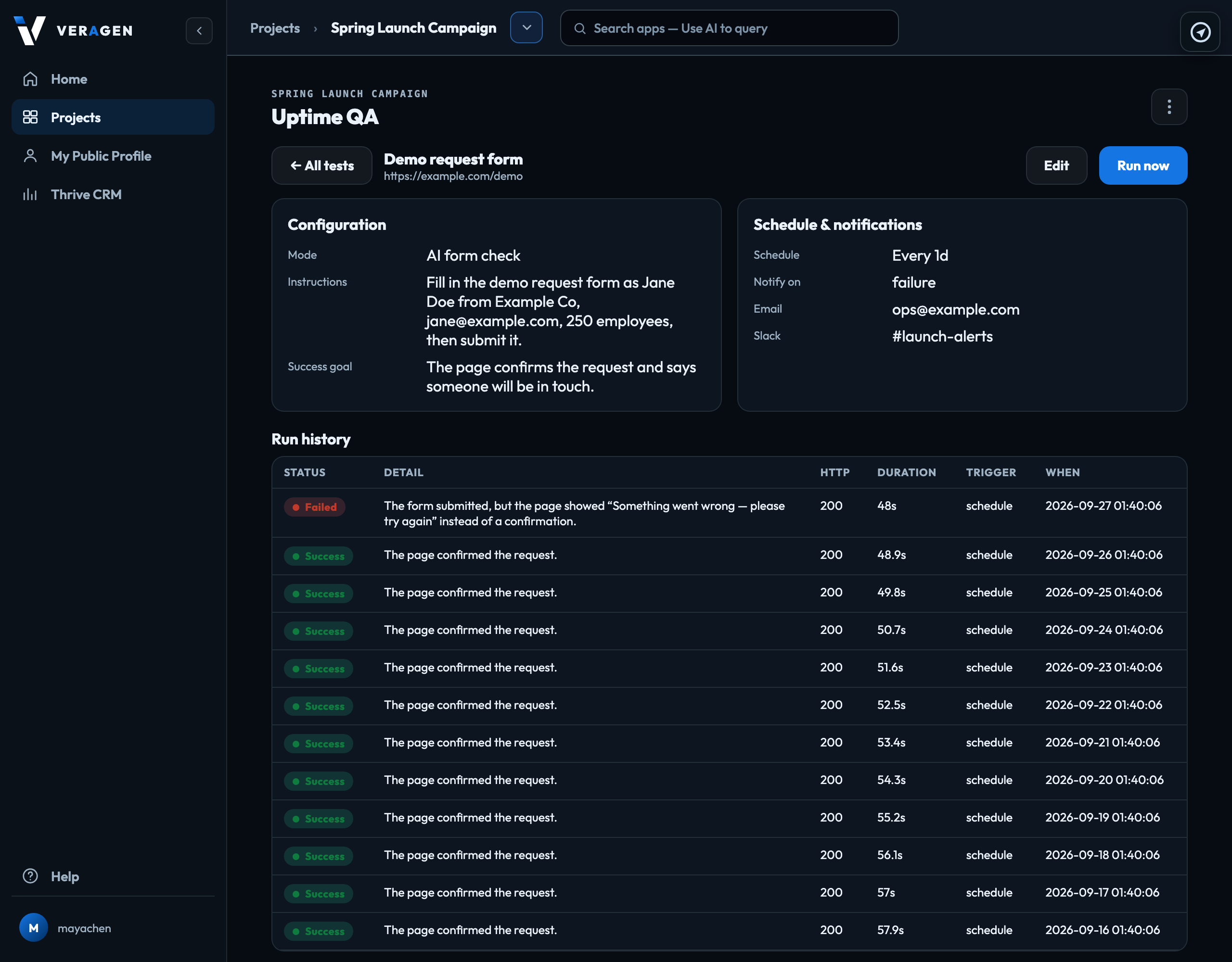 An AI form check that failed: its instructions, goal, alerts and run history