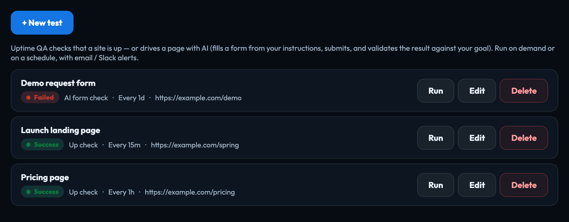 A project's Uptime QA tests: two healthy up checks and an AI form check that failed