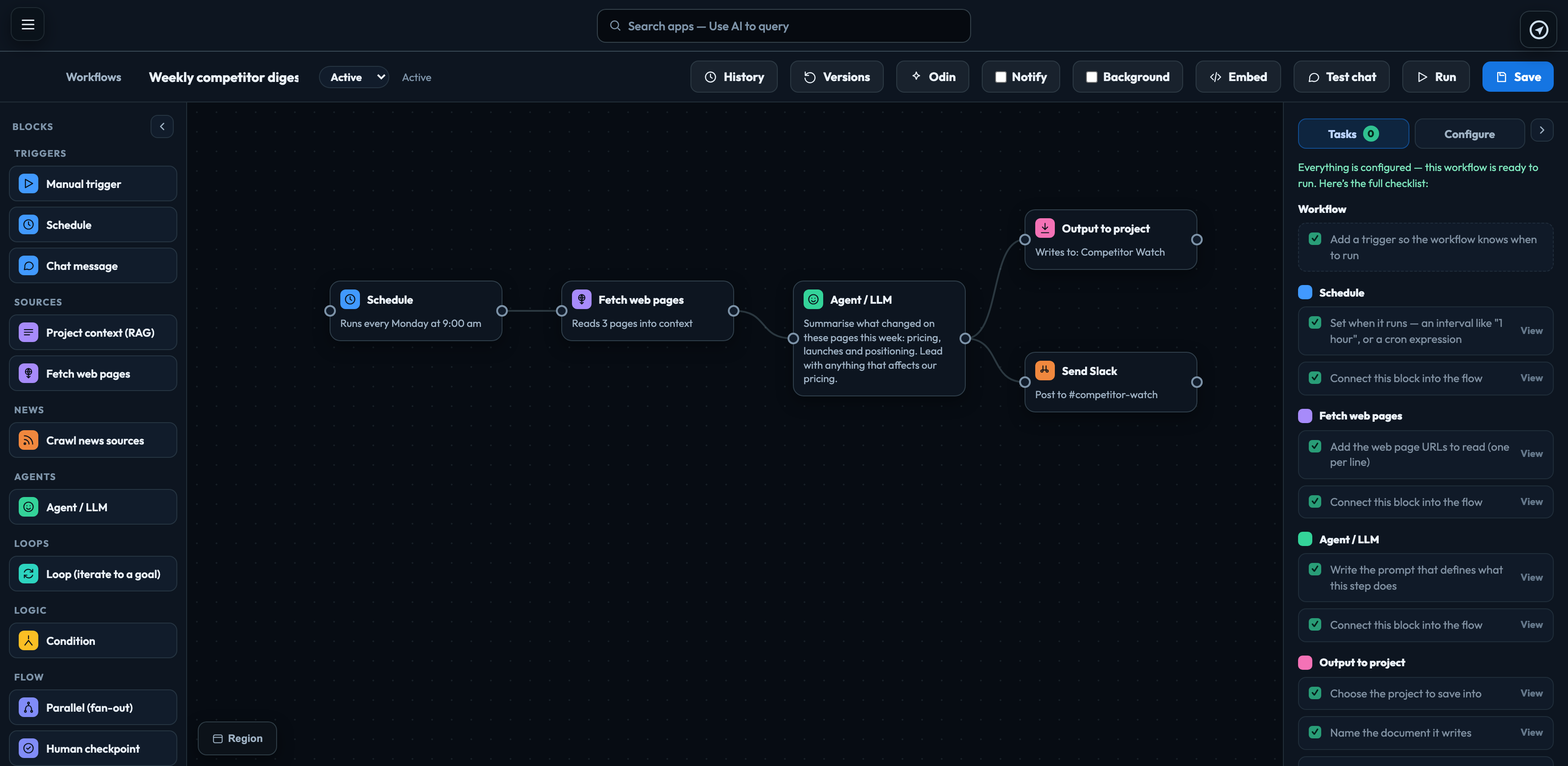 The editor: a weekly workflow from its schedule to Slack, and Tasks confirming it is ready to run